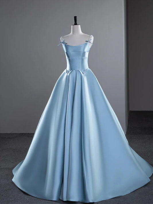 Robe de bal longue en satin bleu à bretelles spaghetti, coupe trapèze, robe de soirée longue bleue ED01426