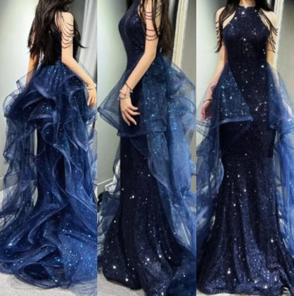 A-Line 🩵Midnight Blue Long Prom Dress for Quinceanera&Graduation -Halter Tulle&Sequin Formal Evening Dress 