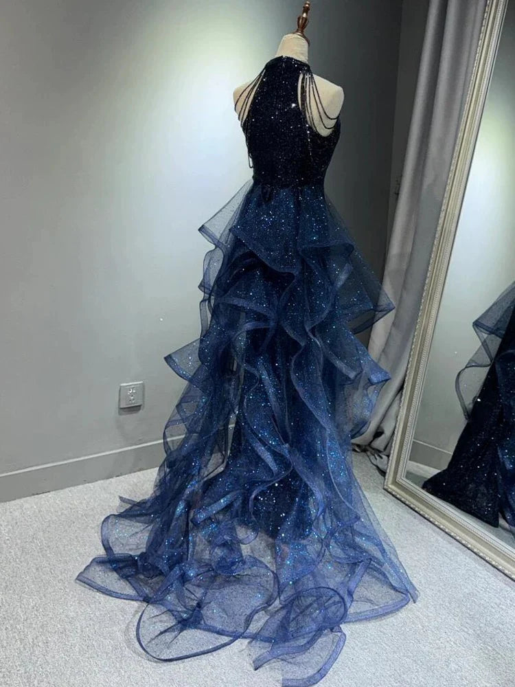 A-Line 🩵Midnight Blue Long Prom Dress for Quinceanera&Graduation -Halter Tulle&Sequin Formal Evening Dress 