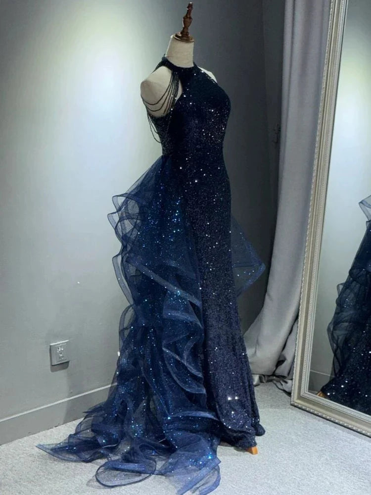 A-Line 🩵Midnight Blue Long Prom Dress for Quinceanera&Graduation -Halter Tulle&Sequin Formal Evening Dress 