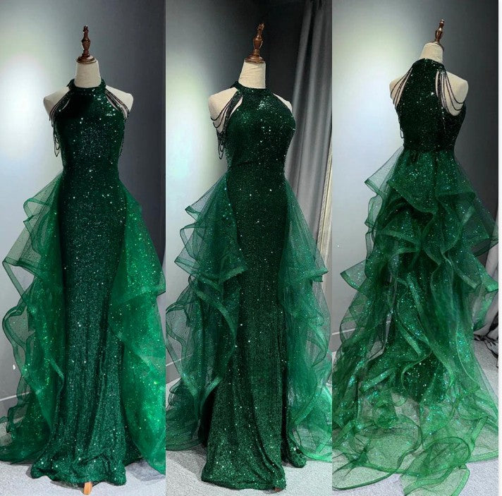 Elegant A-Line Navy Blue Halter Sparking Sequins Long Prom Dresses Formal Evening Dresses ED01427