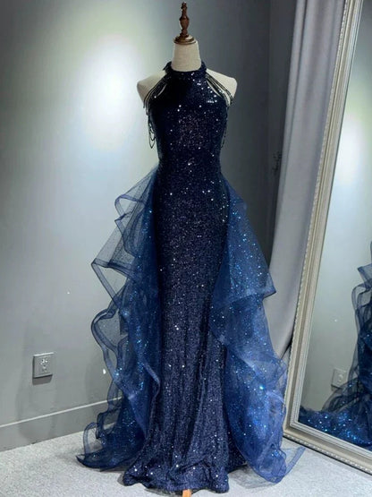 Elegant A-Line Halter Sparkly Sequins Long Prom Dresses Navy Blue Even – EvaFashionDress