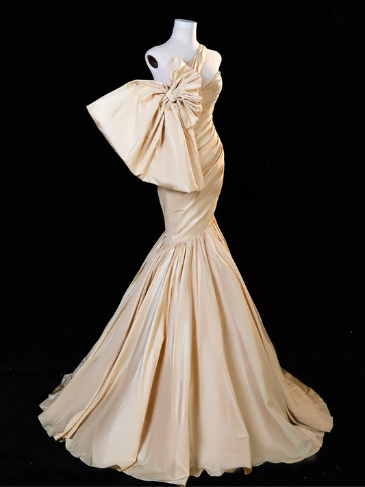 Robe de bal longue en satin champagne, asymétrique, style sirène, robe de soirée longue champagne ED01428