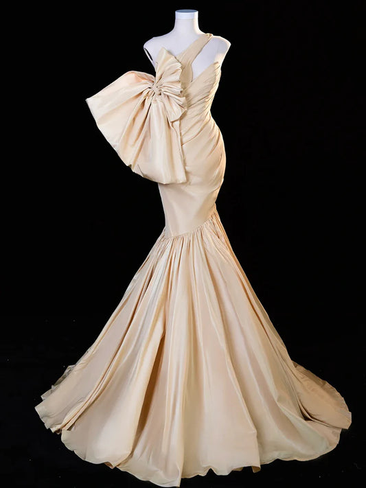 Robe de bal longue en satin champagne, asymétrique, style sirène, robe de soirée longue champagne ED01428