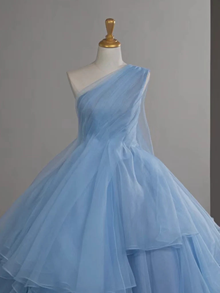A-Line One Shoulder Tulle Blue Long Prom Dress, Blue Long Evening Dress ED01429