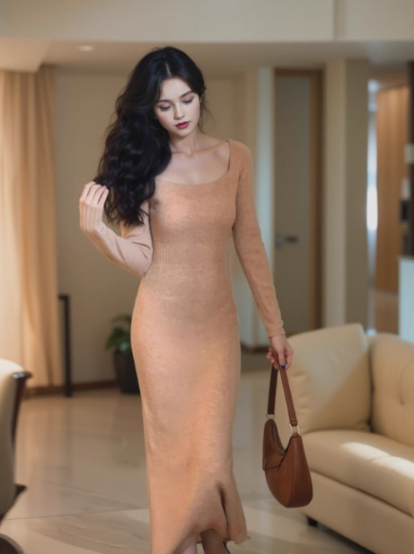 Slim Fit im französischen Stil mit sanftem Temperament und quadratischem Kragen, kann mit einem gestrickten Hüftrock ED0142 getragen werden