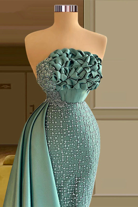 Robe de bal sirène élégante, longue, bustier, en satin vert, sans manches, avec perles et volants, ED01437