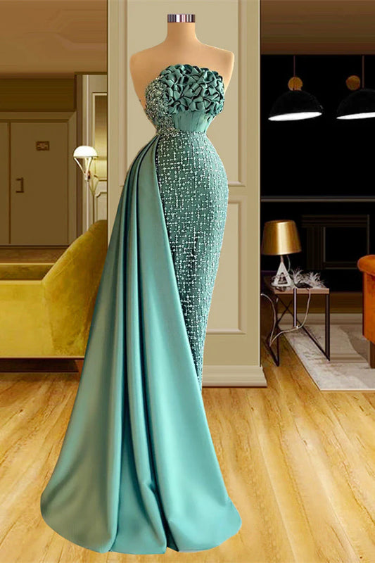 Robe de bal sirène élégante, longue, bustier, en satin vert, sans manches, avec perles et volants, ED01437