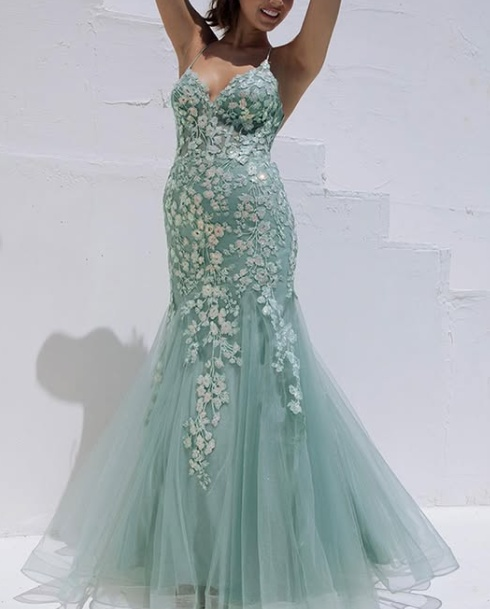Tiffany Blue Spaghetti Straps Lace Appliques Mermaid V-Neck Tulle Long Prom Dress ED01438