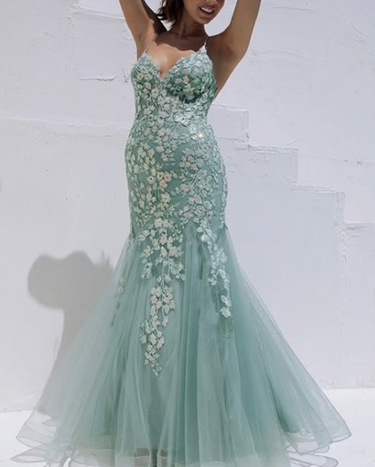 Tiffany Blue Spaghetti Straps Lace Appliques Mermaid V-Neck Tulle Long Prom Dress ED01438