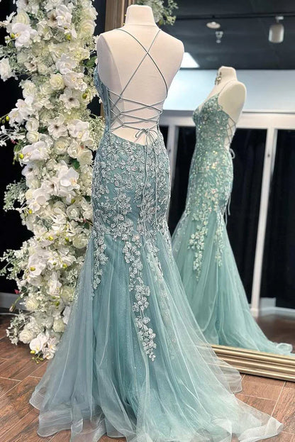 Tiffany Blue Spaghetti Straps Lace Appliques Mermaid V-Neck Tulle Long Prom Dress ED01438