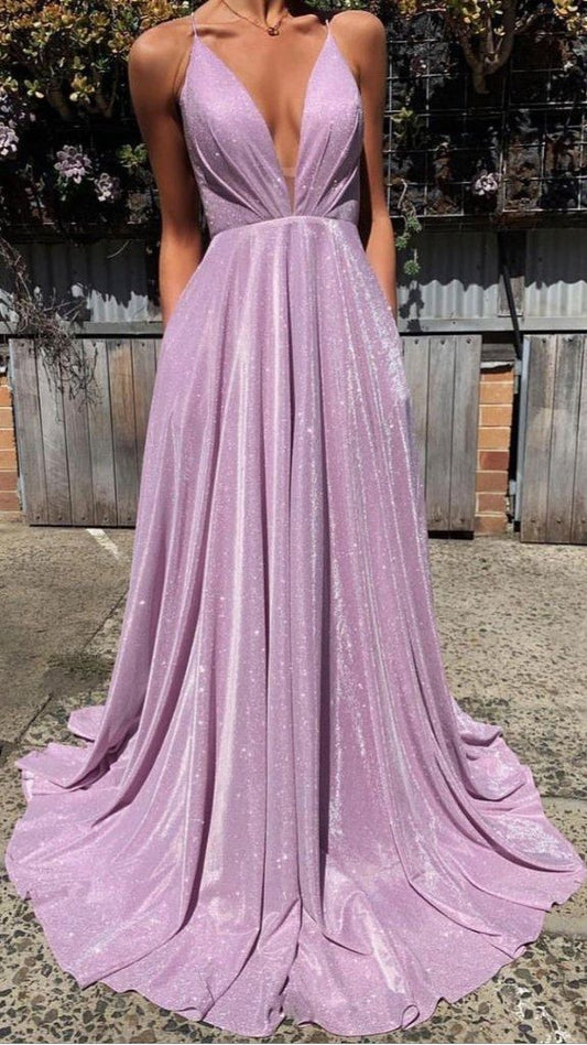 Sparkly A-Line Pink Sequin Prom Dresses V Neck Evening Dress ED01439