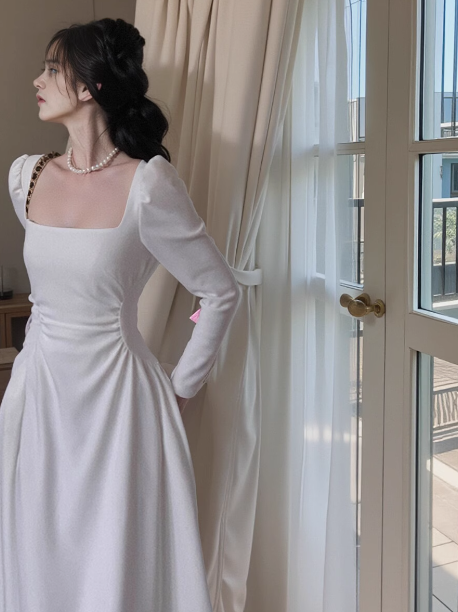 Französisch stil high-end weiß taille langarm kleid ED0143