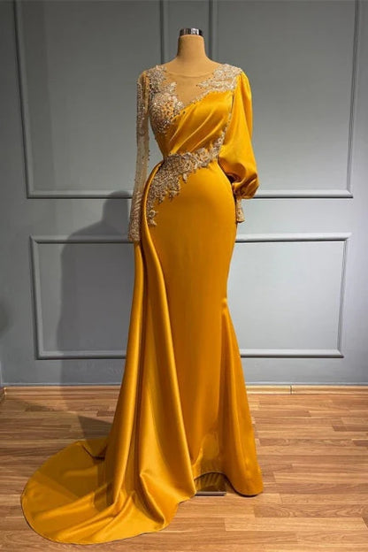 Robe de soirée asymétrique vintage en satin à manches longues et perles avec appliques ED01440