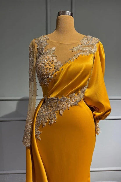 Robe de soirée asymétrique vintage en satin à manches longues et perles avec appliques ED01440