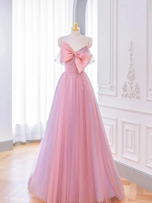 Robe de bal longue en tulle rose, coupe trapèze, avec nœud, robe de soirée rose ED01441