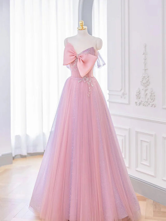 Robe de bal longue en tulle rose, coupe trapèze, avec nœud, robe de soirée rose ED01441