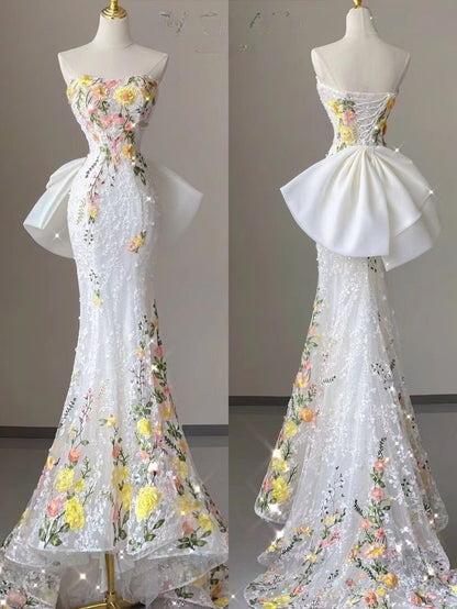 Weißes Brautkleid, elegantes Meerjungfrau-Kleid, trägerlos, Tüll, Spitze, langes Ballkleid, Abendkleid mit Applikationen, ED01443