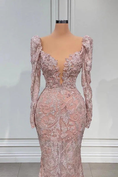 Designer Pink V-neck Lace Mermaid Prom Dress Evening Gowns With Long Sleeves ED01444
