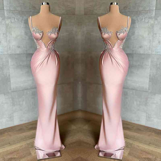 Robe de bal sirène rose en satin à fines bretelles, sans manches, avec applications ED01445