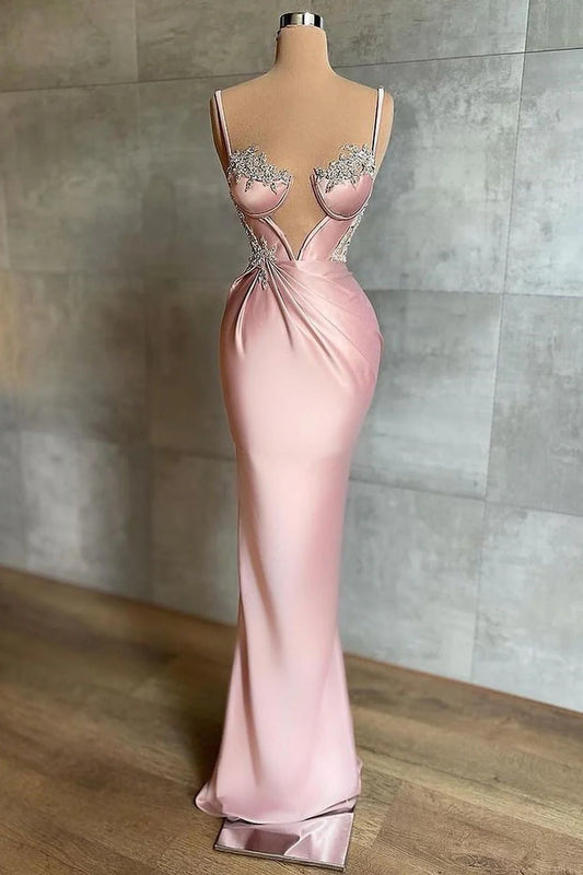 Robe de bal sirène rose en satin à fines bretelles, sans manches, avec applications ED01445