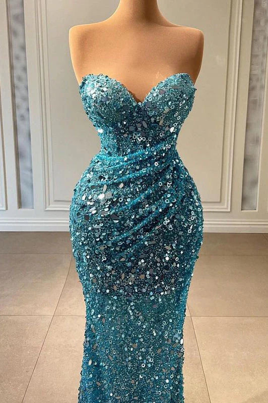 Superbe robe de bal sirène bleue à décolleté en cœur, longue, avec paillettes et perles ED01447