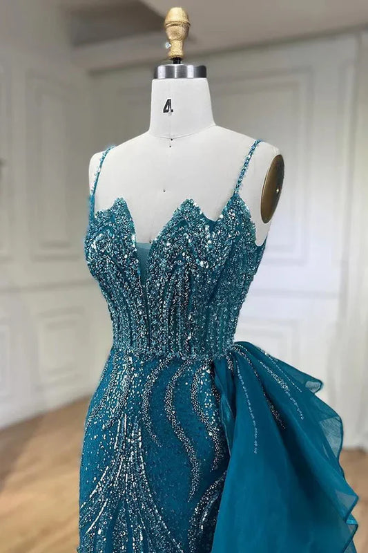 Robe de bal longue bleu ciel élégante style sirène à bretelles spaghetti en tulle et perles ED01448