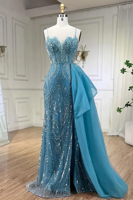 Robe de bal longue bleu ciel élégante style sirène à bretelles spaghetti en tulle et perles ED01448