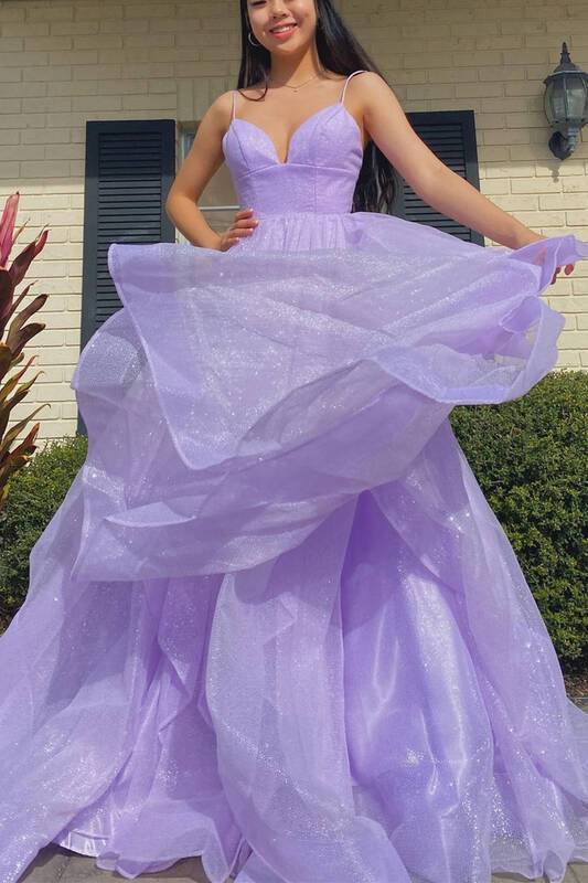 Robe de bal longue en tulle violet, élégante, coupe trapèze, col en V, bretelles spaghetti, ED01450