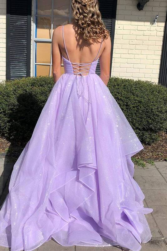 Robe de bal longue en tulle violet, élégante, coupe trapèze, col en V, bretelles spaghetti, ED01450