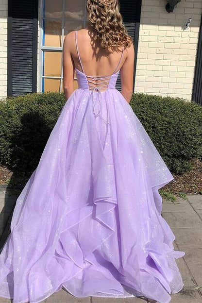 Robe de bal longue en tulle violet, élégante, coupe trapèze, col en V, bretelles spaghetti, ED01450
