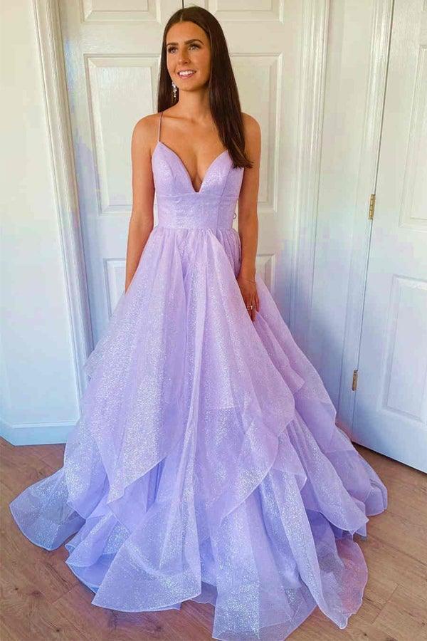 Robe de bal longue en tulle violet, élégante, coupe trapèze, col en V, bretelles spaghetti, ED01450