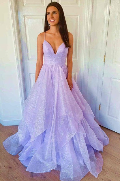 Robe de bal longue en tulle violet, élégante, coupe trapèze, col en V, bretelles spaghetti, ED01450