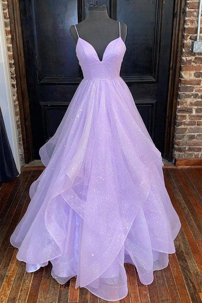 Robe de bal longue en tulle violet, élégante, coupe trapèze, col en V, bretelles spaghetti, ED01450