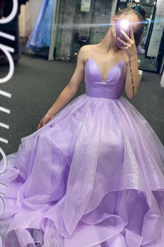 Robe de bal longue en tulle violet, élégante, coupe trapèze, col en V, bretelles spaghetti, ED01450