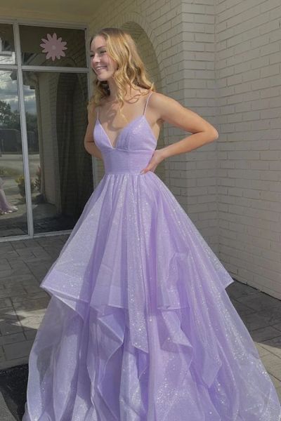 Robe de bal longue en tulle violet, élégante, coupe trapèze, col en V, bretelles spaghetti, ED01450