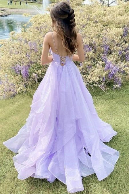 Robe de bal longue en tulle violet, élégante, coupe trapèze, col en V, bretelles spaghetti, ED01450