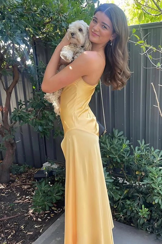 Robe de bal fourreau longue jaune à décolleté en cœur et fente ED01452