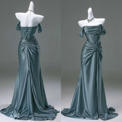 Robe de soirée sirène élégante en satin plissé, robe de bal de fin d'année tendance avec épaules dénudées ED01456
