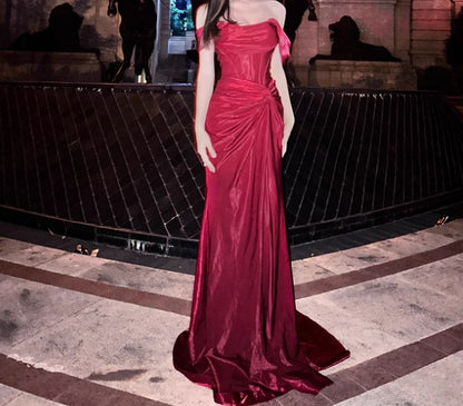 Burgundy Off-the-shoulder Mermaid Ball Dress Lace-up Pleated Evening Dress
