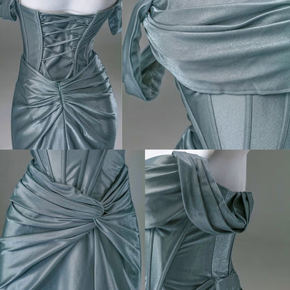 Robe de soirée sirène élégante en satin plissé, robe de bal de fin d'année tendance avec épaules dénudées ED01456