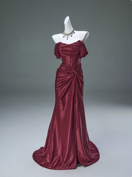 Burgundy Off-the-shoulder Mermaid Ball Dress Lace-up Pleated Evening Dress