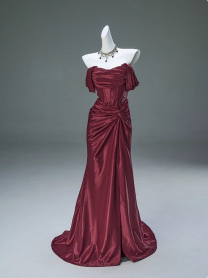 Burgundy Off-the-shoulder Mermaid Ball Dress Lace-up Pleated Evening Dress