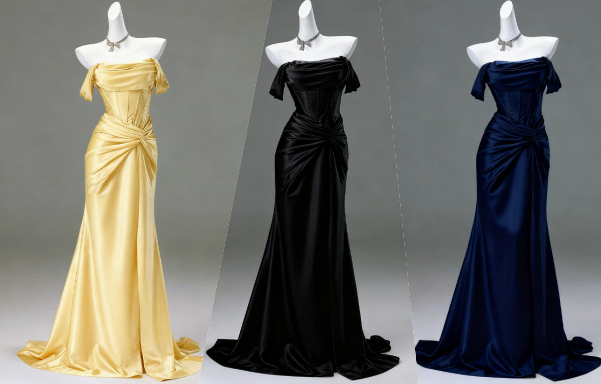 Robe de soirée sirène élégante en satin plissé, robe de bal de fin d'année tendance avec épaules dénudées ED01456