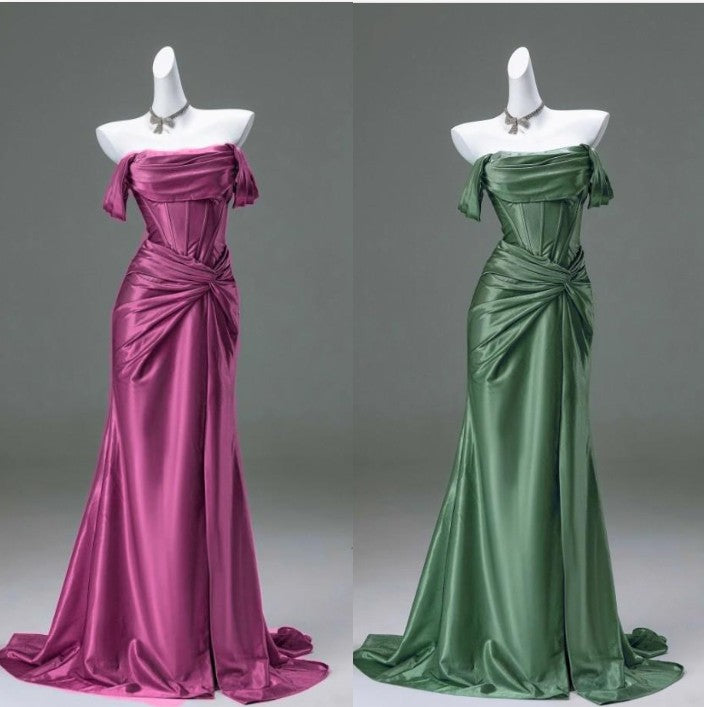 Burgundy Off-the-shoulder Mermaid Ball Dress Lace-up Pleated Evening Dress