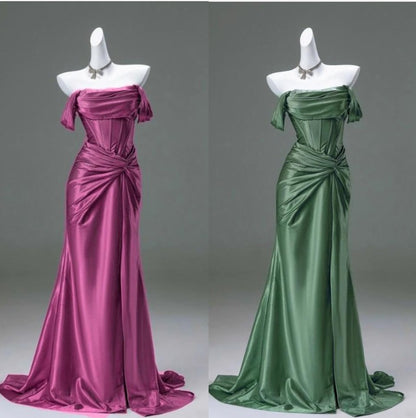 Burgundy Off-the-shoulder Mermaid Ball Dress Lace-up Pleated Evening Dress