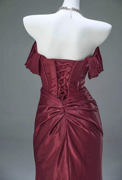 Burgundy Off-the-shoulder Mermaid Ball Dress Lace-up Pleated Evening Dress