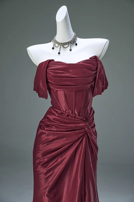 Burgundy Off-the-shoulder Mermaid Ball Dress Lace-up Pleated Evening Dress