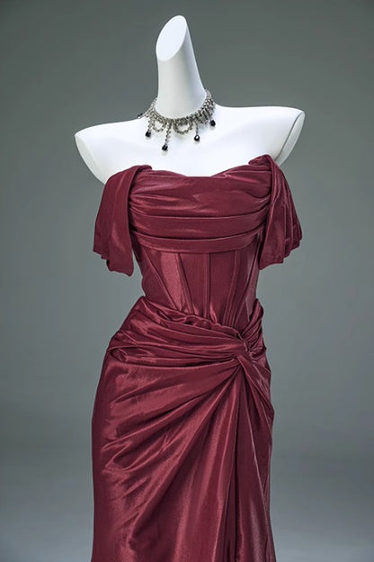 Burgundy Off-the-shoulder Mermaid Ball Dress Lace-up Pleated Evening Dress