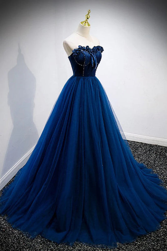 Robe de bal longue élégante en velours et tulle bleu, coupe trapèze, sans bretelles, ED01460